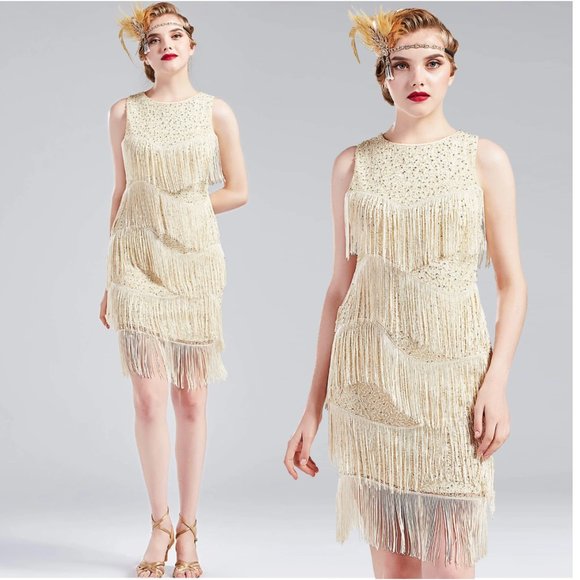 NWT Cream sequin beaded deco flapper dress - Picture 1 of 7